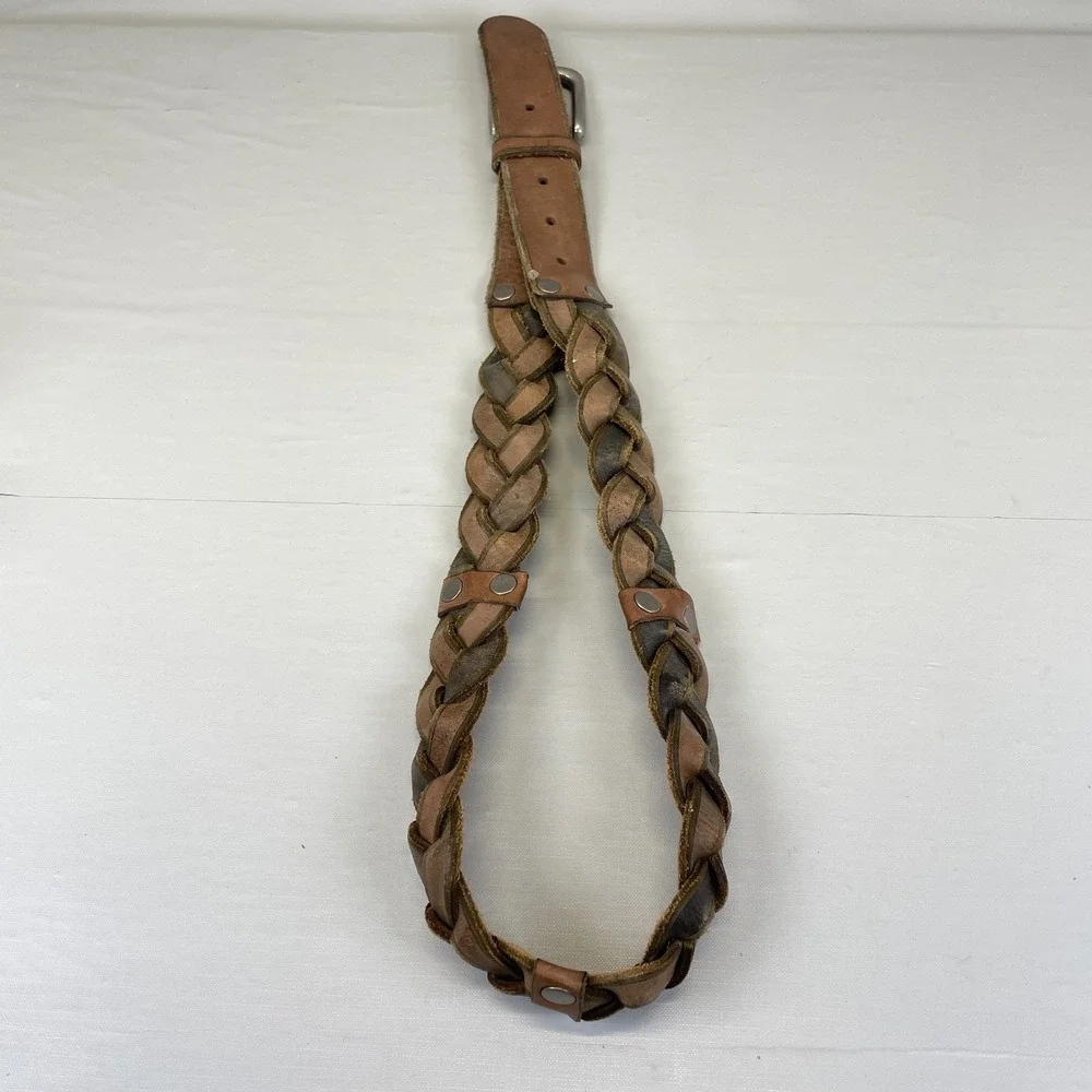 Fossil Brown Braided Woven Leather Belt Mens Size S Silver Buckle